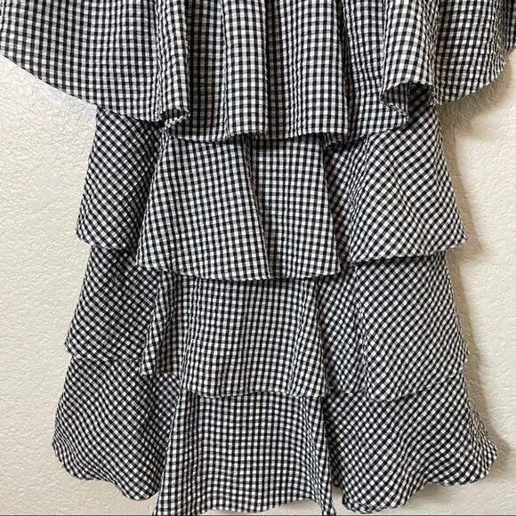 MLM Label Gingham Tiered Ruffle Off Shoulder Black and White Mini Dress - Picture 11 of 14